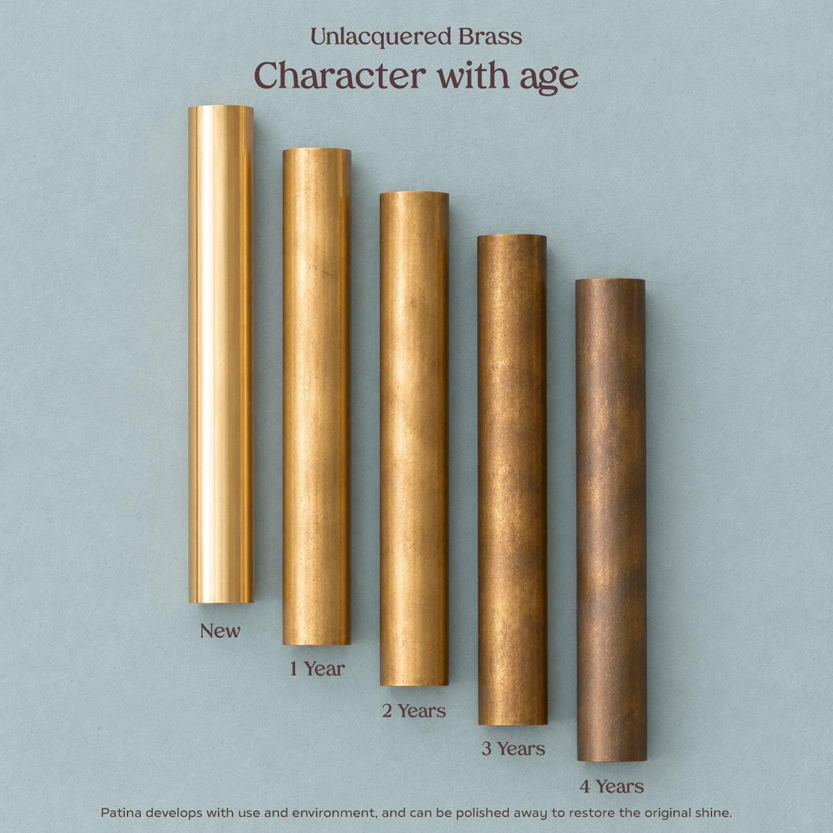 Unlacquered brass developing a natural patina over time - Plank Hardware